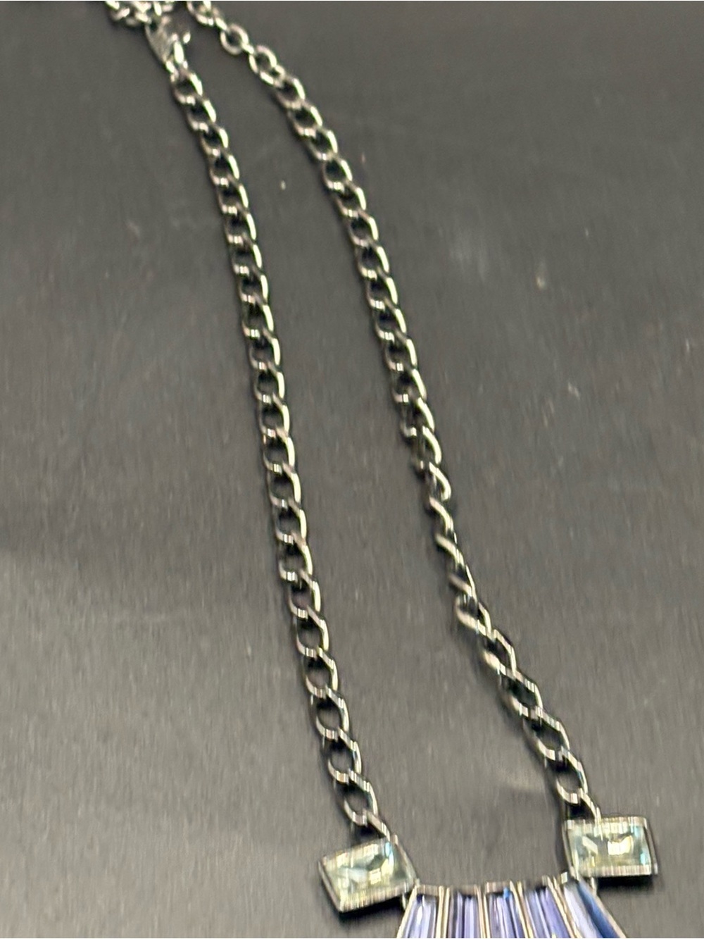 Givenchy Signed Gunmetal Blue Crystal Fan Statement Necklace Art Deco Indigo - Picture 7 of 9